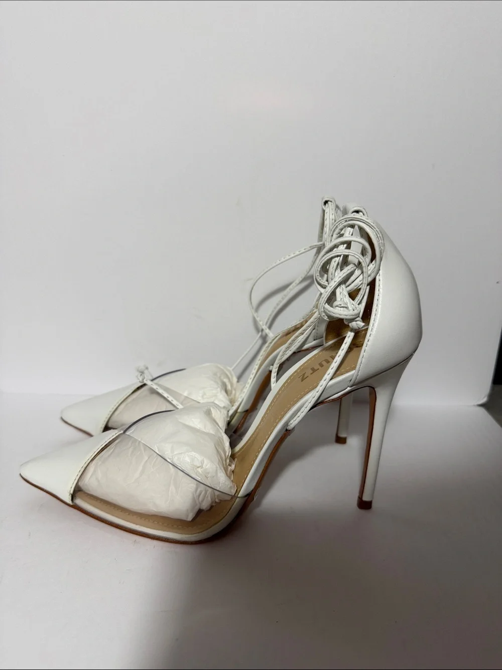 SCHUTZ White Pointed Lace-Up Heels with Ankle Wrap